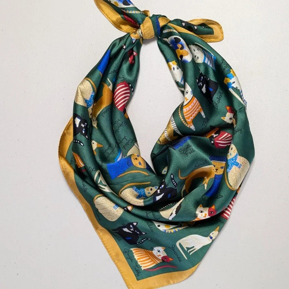 Whimsical assorted cats on silky green polyester with gold trim scarf, head wrap - Picture 8 of 15